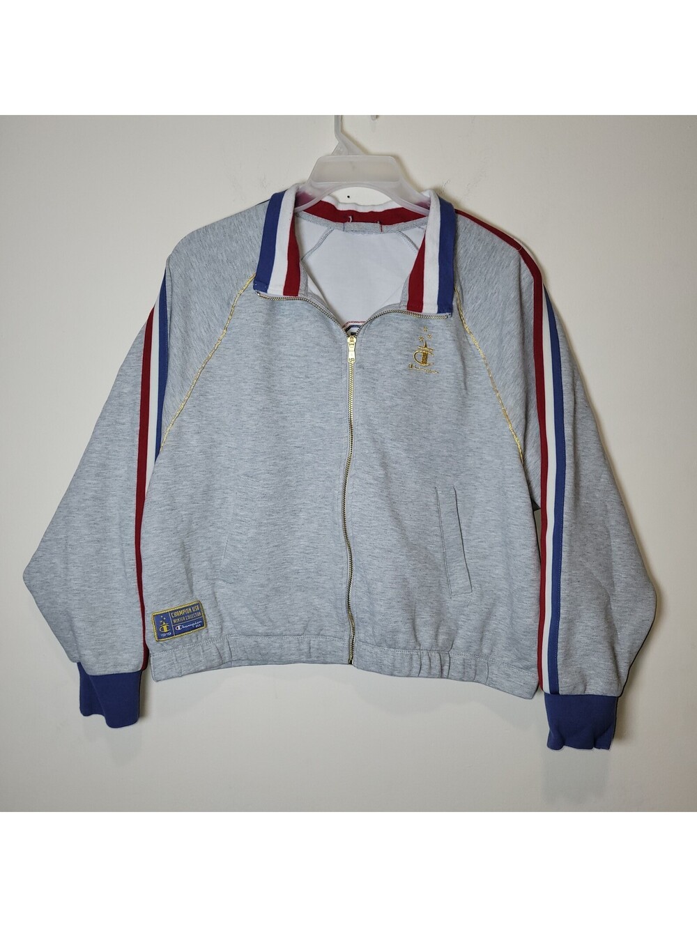 Vintage Champion USA Track Jacket Mens Large Gray Red White Blue Gold Full Zip